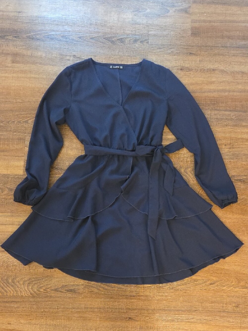 Navy Wrap-Front Long Sleeve Dress with Tie Waist Women Medium 8-10